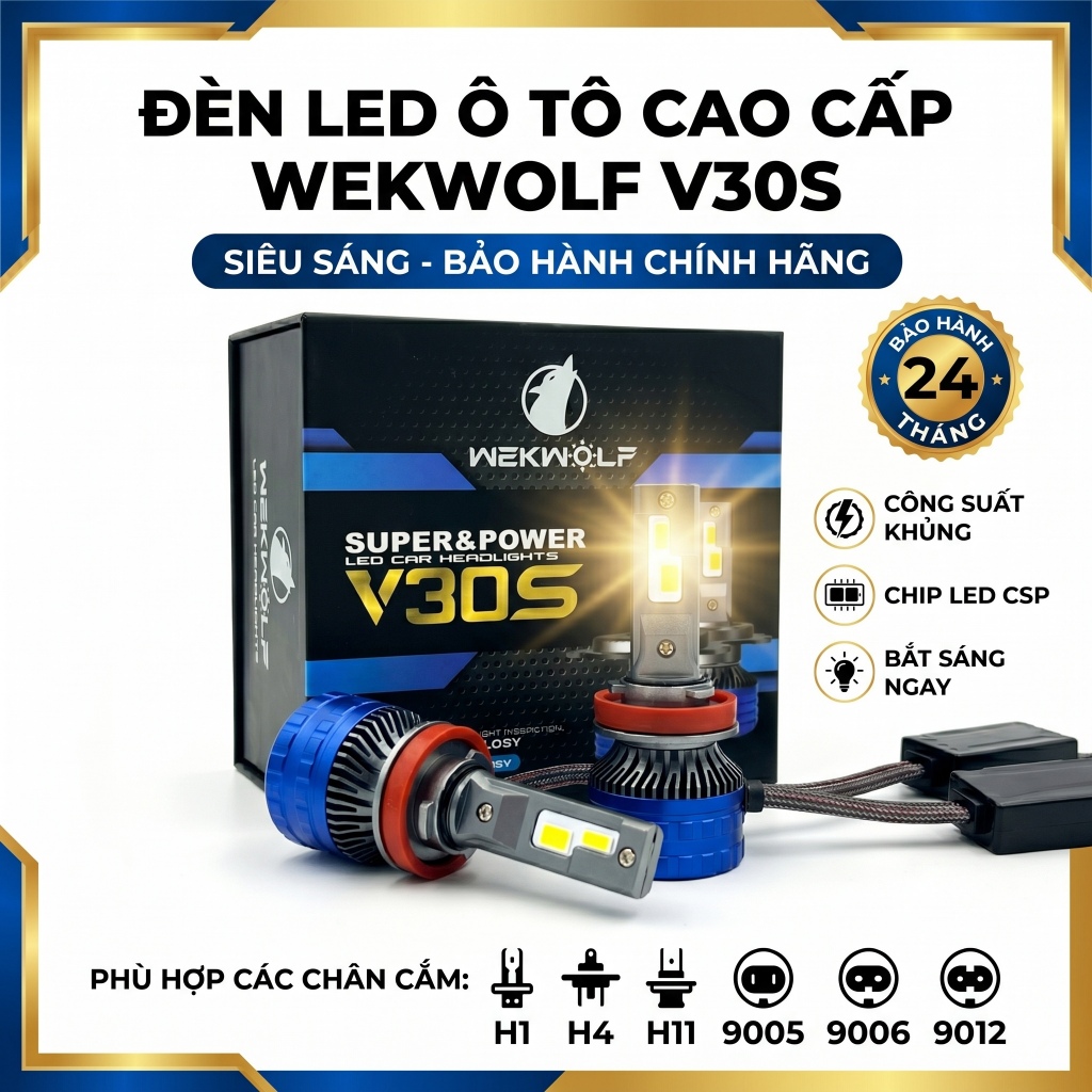 Đèn Pha LED V30S WEKWOLF Siêu Sáng Cho Ô Tô Xe Máy, Bóng Đèn Pha Tăng Sáng H4 H7 H11 9005 9006, Ánh 