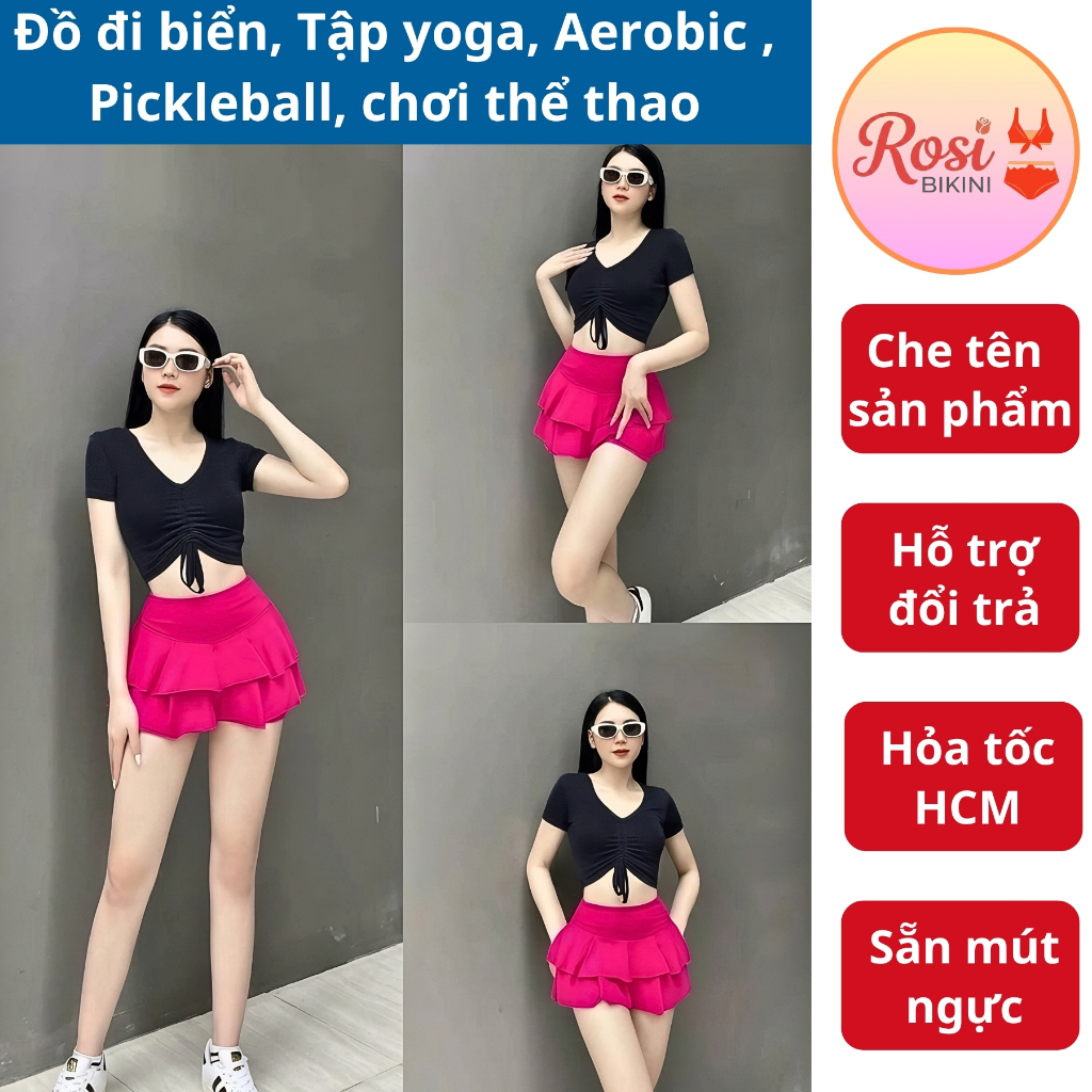 Bikini 2 mảnh đồ bơi đi biển, Yoga, Aerobic,Gym áo tắm dây rút ngực váy xoè 2 tầng nhiều màu | BigBuy360 - bigbuy360.vn