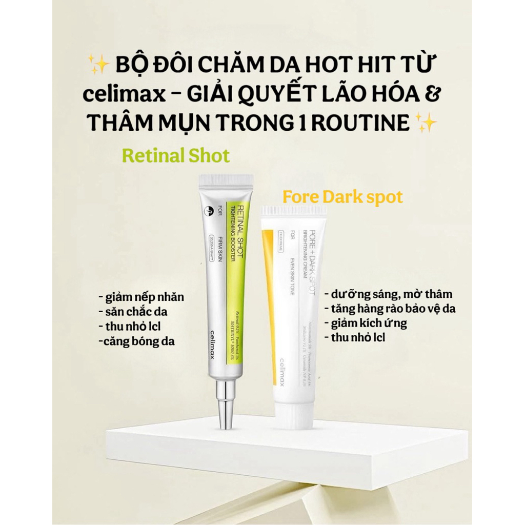 Combo Giảm Nhăn - Dưỡng Trắng Retinal Celimax + fore dark spot cream