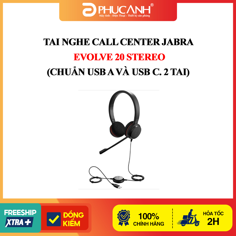 Tai nghe call center Jabra Evolve 20 Stereo (chuẩn USB-A và USB-C, 2 tai)