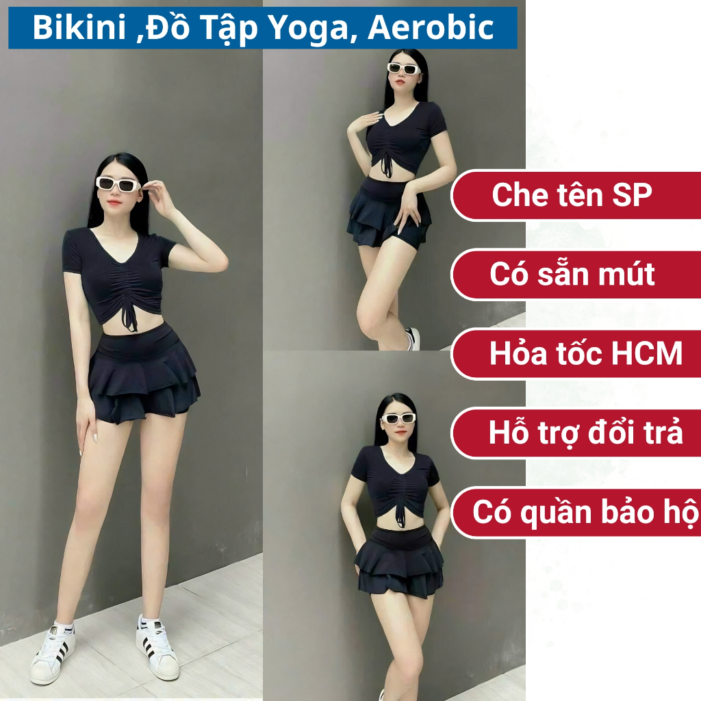 Bikini 2 mảnh đồ bơi đi biển, Yoga, Aerobic,Gym áo tắm dây rút ngực váy xoè 2 tầng nhiều màu | BigBuy360 - bigbuy360.vn