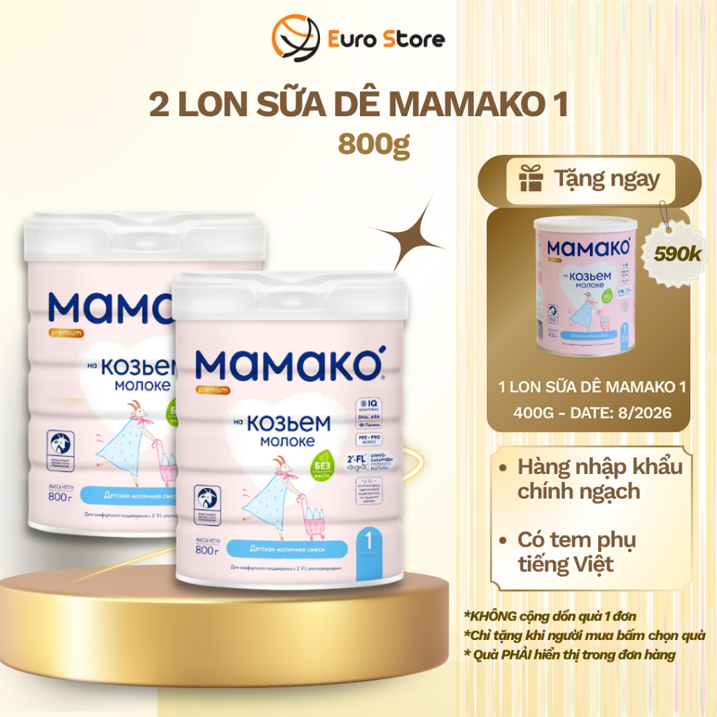 Combo 2 Lon Sữa Dê MAMAKO 1 chứ 2'FL HMO, Eurostore