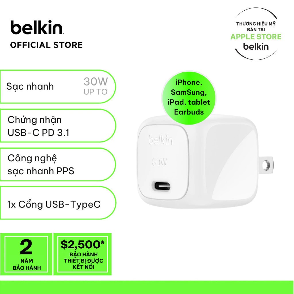 [SVIP] Củ sạc nhanh Belkin Boost Charge 30W chuẩn USB-C PD PPS nhỏ gọn 1 cổng USB-C tương thích iPho