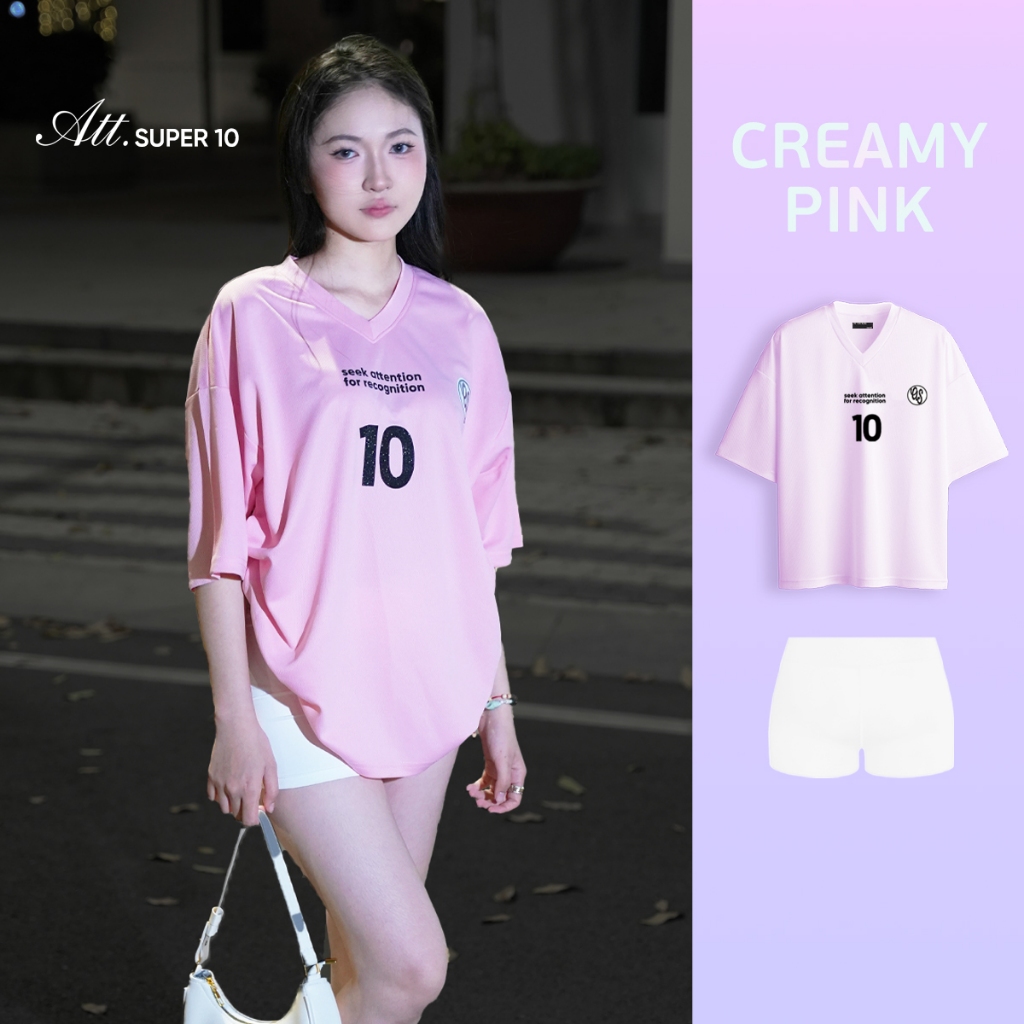 Creamy Pink Super 10 Jersey Attention M L XL phom dáng rộng