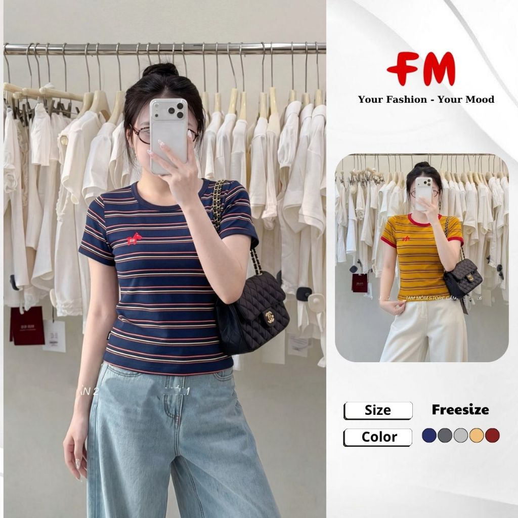 Áo Thun Nữ Sọc FMSTYLE Thêu Ngựa Form Slimfit Trẻ Trung Tôn Dáng Dễ Phối Đồ 26040310