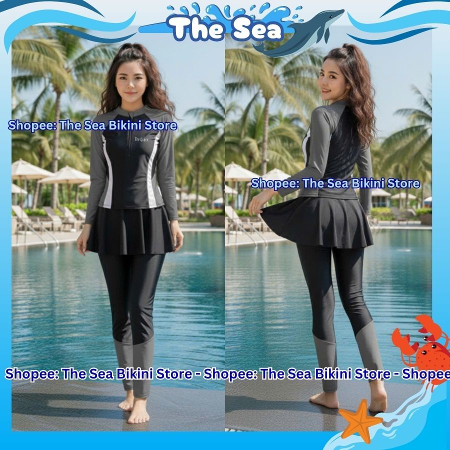 Đồ bơi nữ Ninja đi biển 2 mảnh bikini kín đáo chống nắng áo dài tay phối khóa zip kéo quần dài và váy dài The Sea 047 | BigBuy360 - bigbuy360.vn