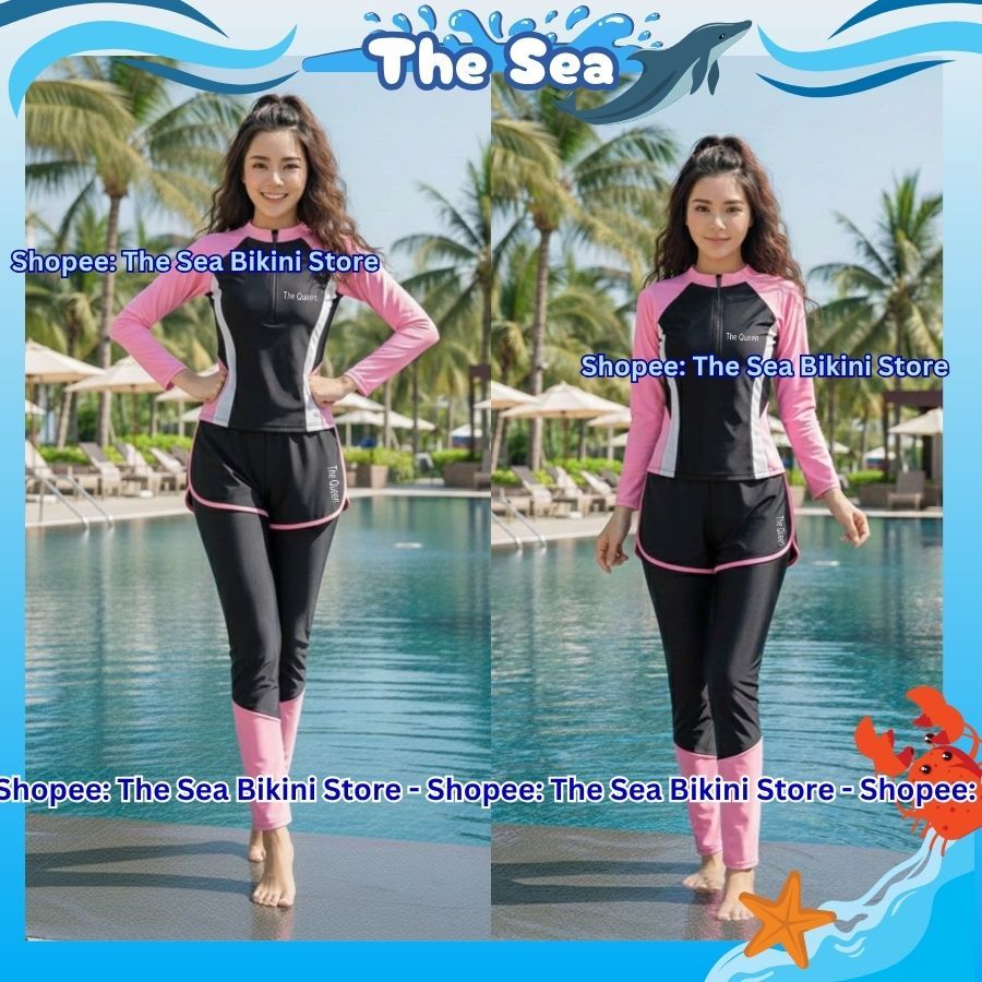 Đồ bơi nữ Ninja đi biển 2 mảnh bikini kín đáo chống nắng áo dài tay phối khóa zip kéo quần dài và váy dài The Sea 047 | BigBuy360 - bigbuy360.vn