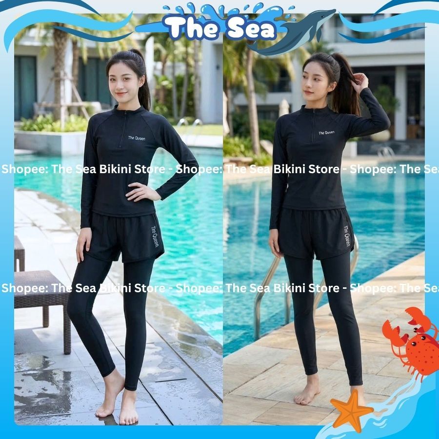 Đồ bơi nữ Ninja đi biển 2 mảnh bikini kín đáo chống nắng áo dài tay phối khóa zip kéo quần dài và váy dài The Sea 047 | BigBuy360 - bigbuy360.vn