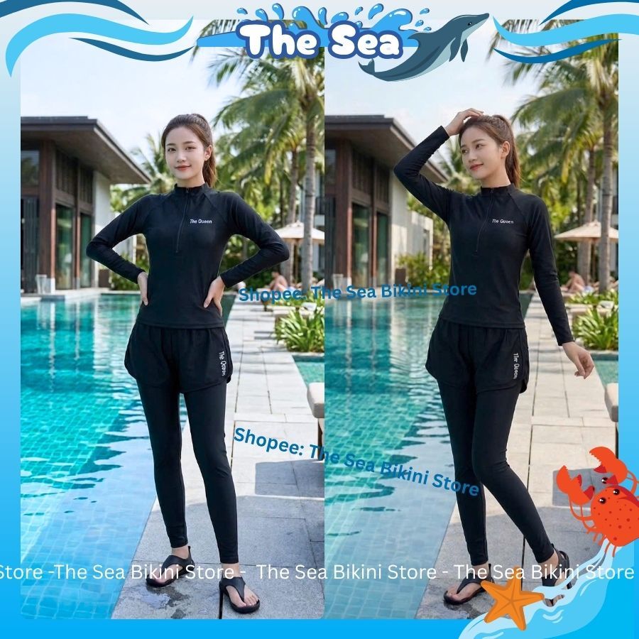 Đồ bơi nữ Ninja đi biển 2 mảnh bikini kín đáo chống nắng áo dài tay phối khóa zip kéo quần dài và váy dài The Sea 047 | BigBuy360 - bigbuy360.vn