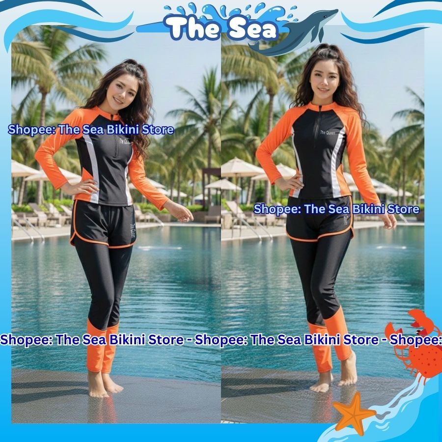 Đồ bơi nữ Ninja đi biển 2 mảnh bikini kín đáo chống nắng áo dài tay phối khóa zip kéo quần dài và váy dài The Sea 047 | BigBuy360 - bigbuy360.vn