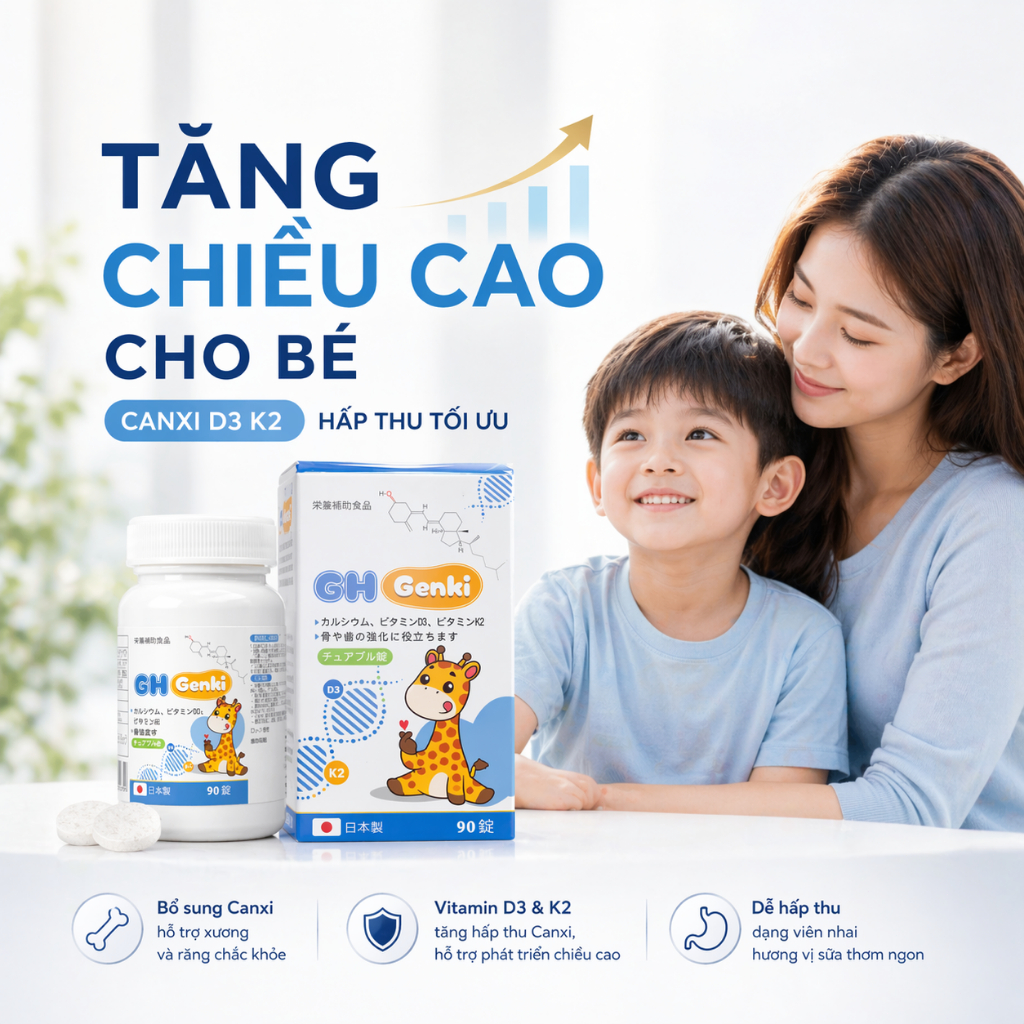 Viên Nhai Canxi GH Genki Nhật Bản Hỗ Trợ Bé Phát Triển Chiều Cao, Xương Chắc Khỏe D3 K2 Dễ Hấp Thu