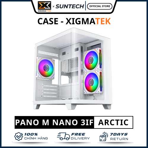 Vỏ Case Máy Tính Xigmatek Pano M Nano Arctic 3GF - Trắng, Bể Cá Không Cột Trụ, Kèm Sẵn 3 Fan Galaxy 