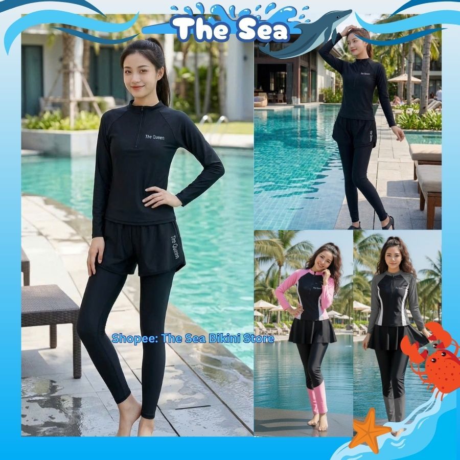Đồ bơi nữ Ninja đi biển 2 mảnh bikini kín đáo chống nắng áo dài tay phối khóa zip kéo quần dài và váy dài The Sea 047 | BigBuy360 - bigbuy360.vn