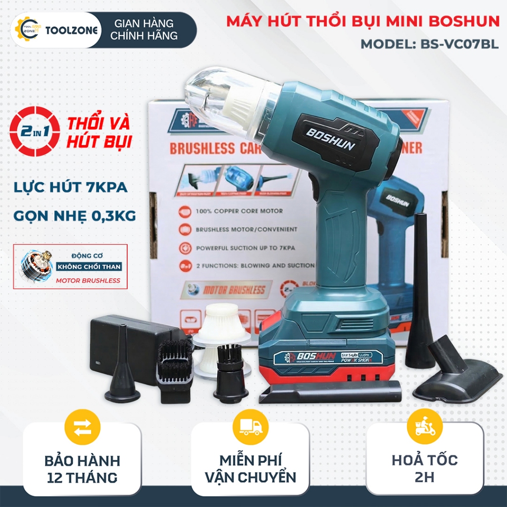 Máy Hút Thổi Bụi Oto, Bàn Làm Việc, Ga Giường Mini Boshun BS-VC07BL, Nhỏ Gọn, Lực Hút 7000pa, Kèm 3 