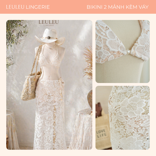 Set Bikini 2 Mảnh Ren Hoa Cao Cấp - Đồ Bơi Nữ Style Boho Chic Kèm Chân Váy Maxi LeuLeu Lingerie