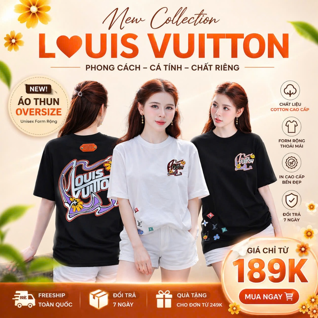 Áo Thun Nữ Form Rộng In Logo Louis Vuitton Phong Cách - Áo Phông Cotton Unisex Tay Ngắn Thời Trang H