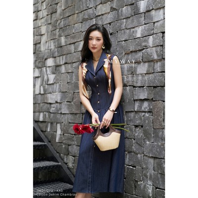 Đầm Jean Hè Nữ MY WAY Cổ Vest Không Tay Dáng Xòe Nhẹ Sang Trọng 3md11273