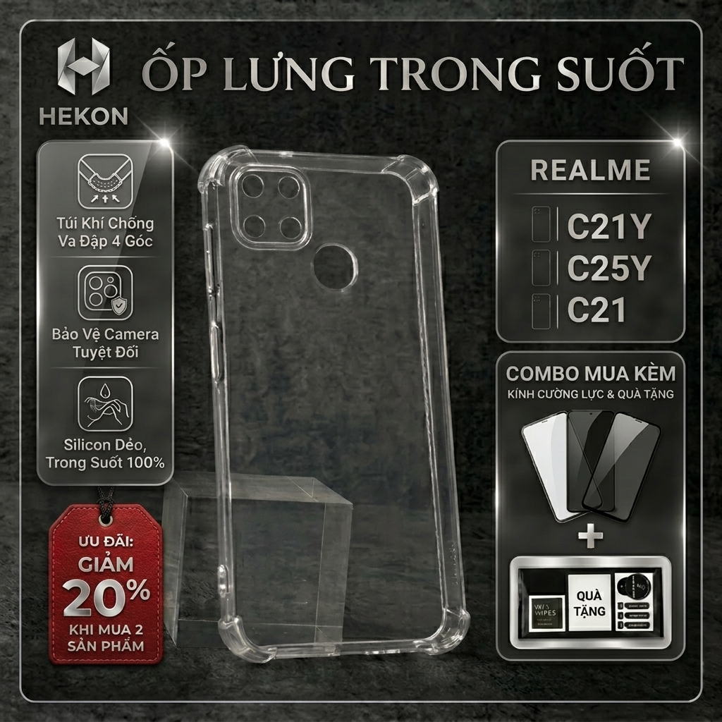 Ốp lưng Realme C21Y, C25Y, C21 Hekon trơn trong suốt | Ốp điện thoại Realme dẻo bảo vệ camera đt toà