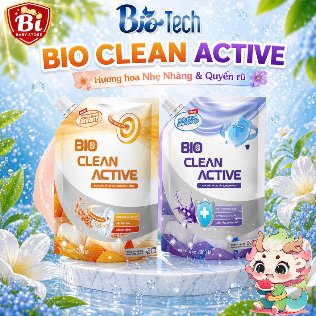 Combo 2 nước giặt BIO CLEAN ACTIVE Lưu Hương 120H, Làm Sạch Vết Bẩn 2000ml [ Tặng 1 túi 2000ml ]