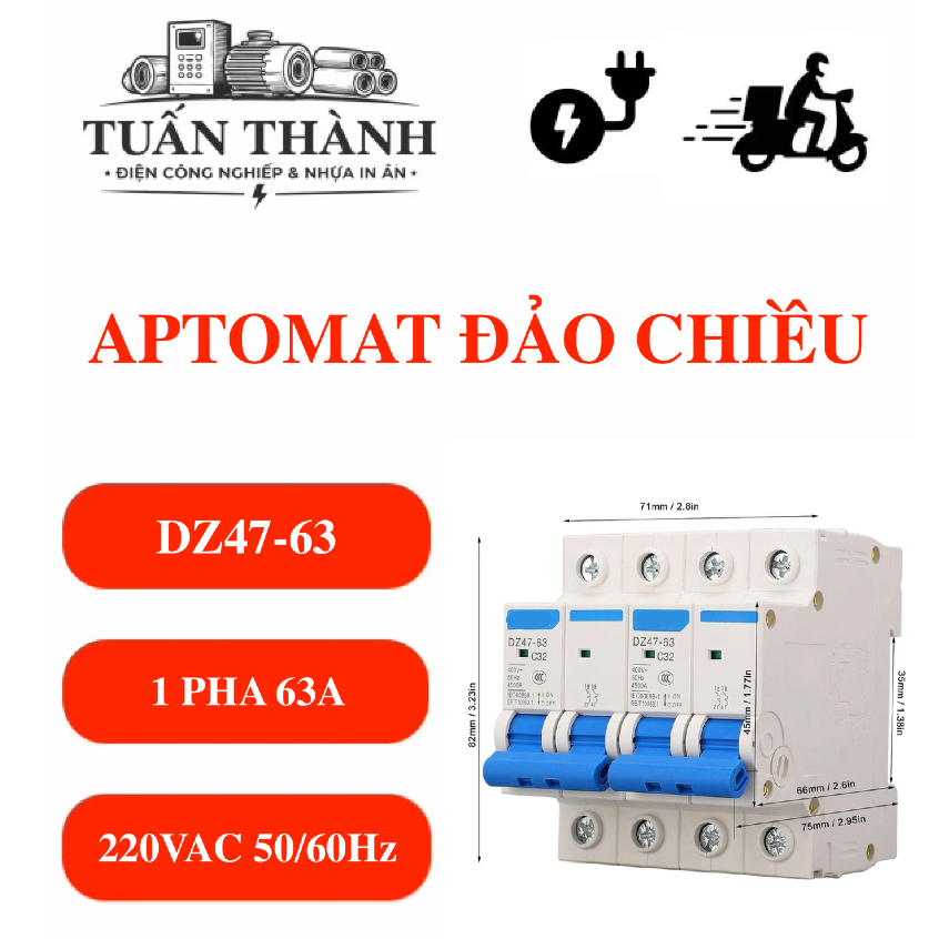 Aptomat Đảo Chiều 1 Pha 63A Hiệu BERM DZ47-63 DZ4763