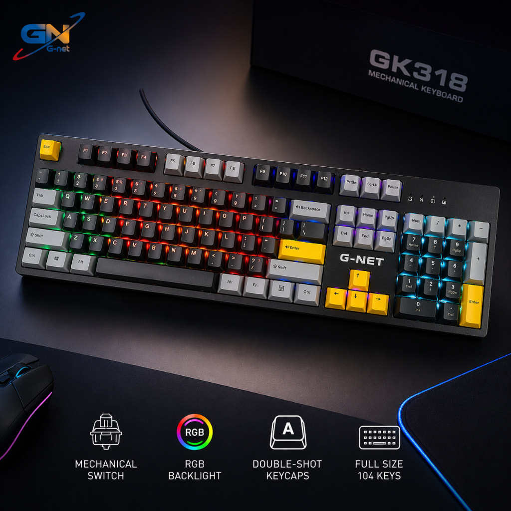 Bàn phím cơ quang G-NET GK318 chính hãng led gaming cực đẹp, switch Fuhlen hotswap chống nước