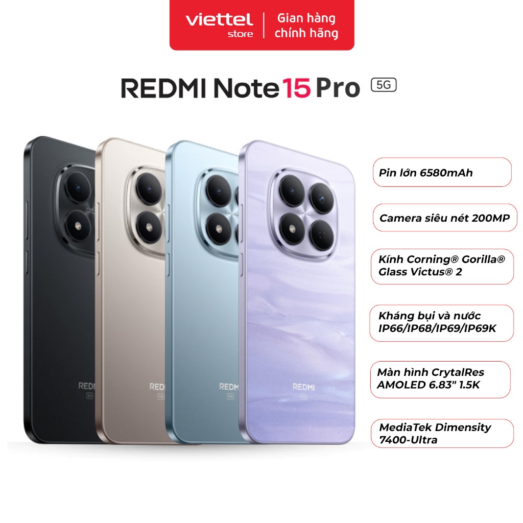 Điện thoại REDMI Note 15 Pro 5G 12GB + 256GB Chính hãng | Pin Lớn 6580mAh | Màn Hình CrystalRes AMOLED 6.83" 1.5K | BigBuy360 - bigbuy360.vn