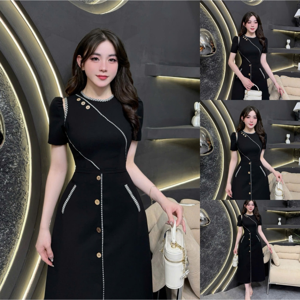 2TY111 - Váy Thiết Kế Eviici dành cho nữ,thiết cổ tròn phối viền kẻ tạo điểm nhấn, vai khoét nhẹ phố