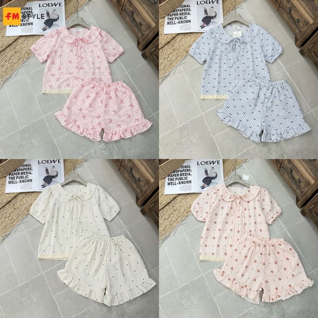 Đồ Bộ Nữ Ngắn FMSTYLE Áo Thun Quần Đùi Lai Ren Họa Tiết Dễ Thương Thoải Mái 26041106