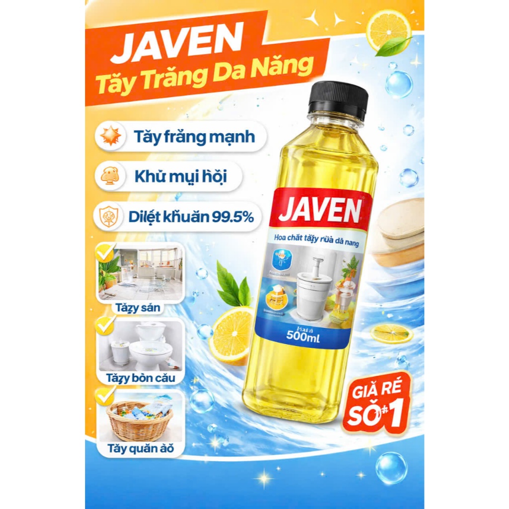 Javen 12% Tẩy trắng công nghiệp 12% quần áo, Bệnh viện ,Giặt là ,khách sạn ,spa... (Chai 330 ml)