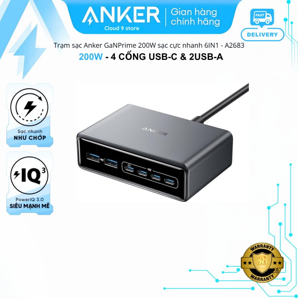 Trạm sạc nhanh Anker Prime 200W - A2683 GaN 6 cổng, hỗ trợ PD sạc nhanh 100W tối đa, dây chân 2 chấu
