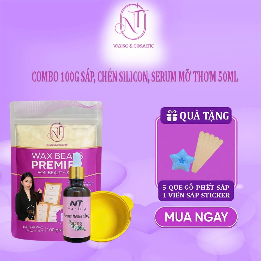 Combo Sáp Wax Lông Premier nhập khẩu, 50ml Mỡ Trăn, Bát Chén nấu sáp NT WAXING