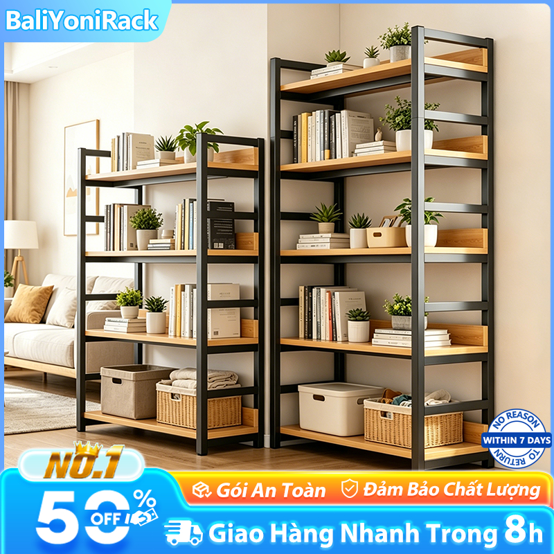 Bali Kệ Sách Sàn Đa Năng Khung Sắt Gỗ MDF Chịu Lực Nhiều Tầng Lắp Ghép Dễ Cho Phòng Khách Văn Phòng