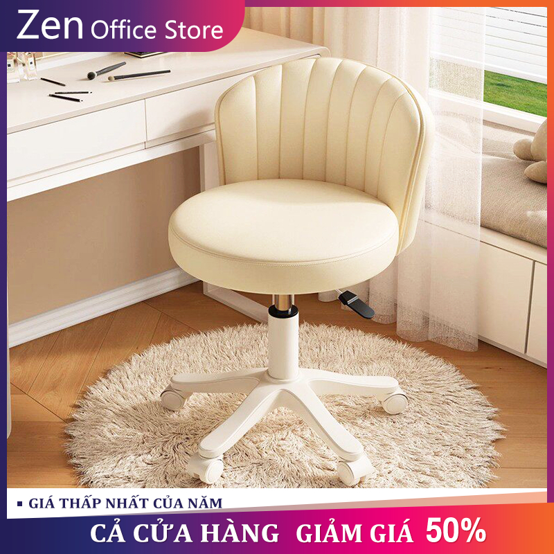 ZEN Ghế Xoay Trang Điểm 360° Màu Kem, Tựa Lưng Êm Có Bánh Xe Trang Trí Phòng Ngủ