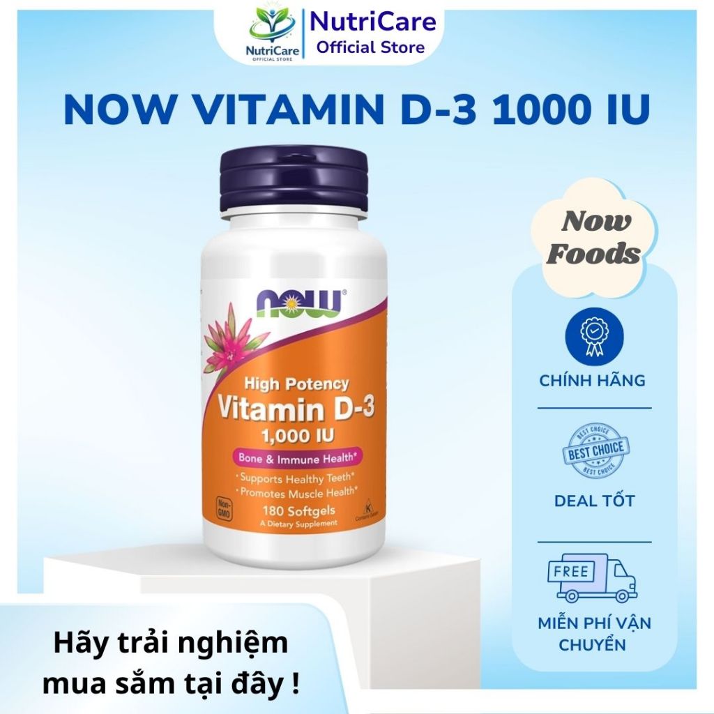 NOW Vitamin D-3 1000IU  + Viên uống bổ sung D3 hỗ trợ sức khỏe xương khớp, tim mạch, thị lực