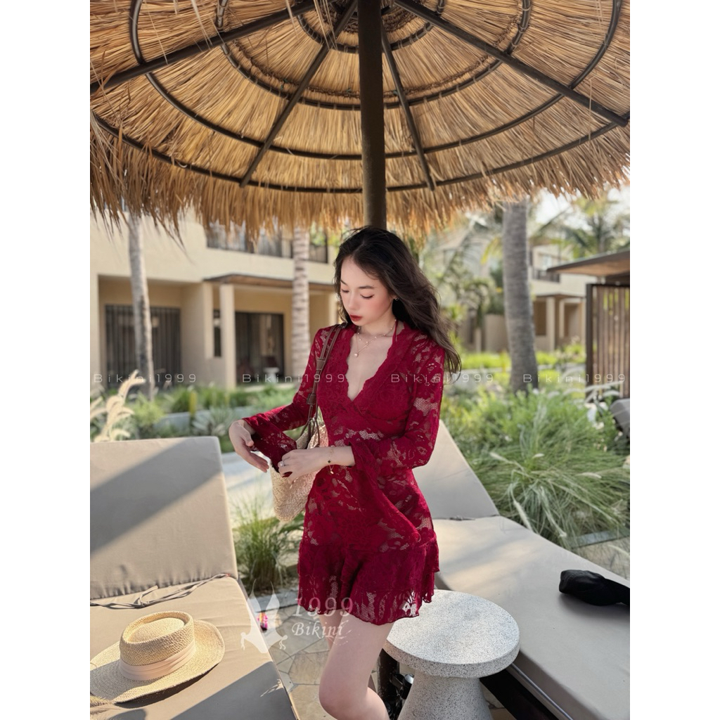 Bikini đỏ phối đầm ren đỏ
