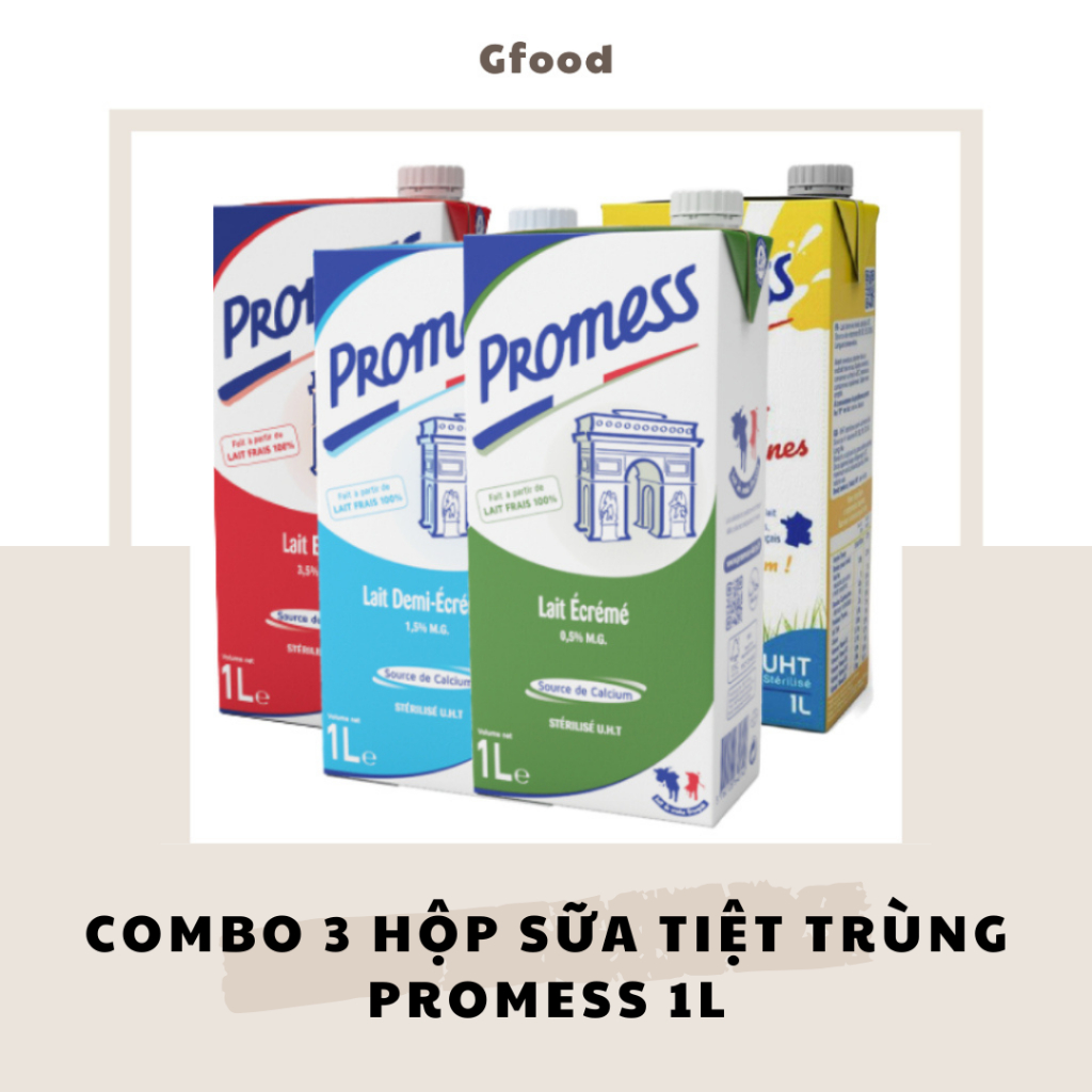 [COMBO 3 HỘP] Promess Sữa Tiệt Trùng Hộp 1L (Tách Béo, Ít Béo, Ít Béo Giàu Canxi, Nguyên Kem)