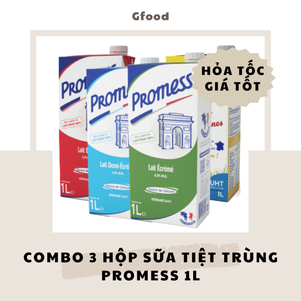 [COMBO 3 HỘP] Promess Sữa Tiệt Trùng Hộp 1L (Tách Béo, Ít Béo, Ít Béo Giàu Canxi, Nguyên Chất) // HỎ