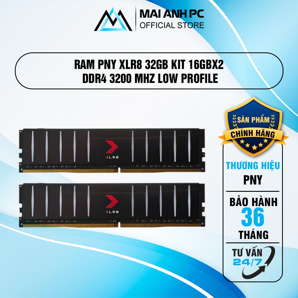 Ram PNY XLR8 32GB Kit 16GBx2 DDR4 3200 MHz Low Profile Desktop Memory PC