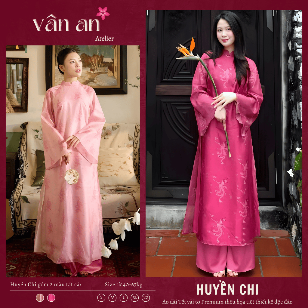 [VÂN AN - SẴN HÀNG] Áo Dài HUYỀN CHI - Dáng Suông, Tay Dài - Chất Liệu Tơ In Hoạ Tiết Chim Loan Than