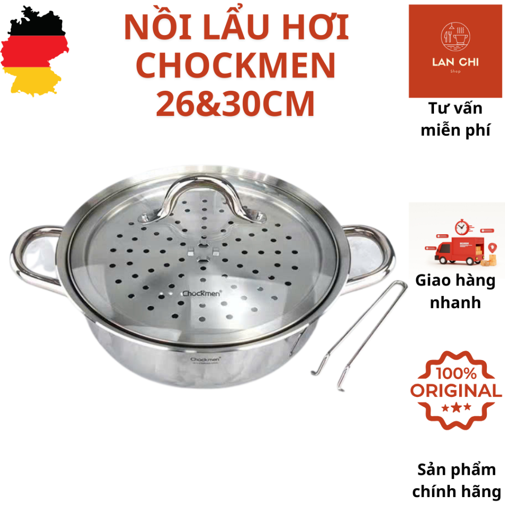 Nồi lẩu hơi CHOCKMEN 26cm và 30cm, nồi lẩu hơi inox, bộ xửng hấp, bộ hấp đồ ăn, khay hấp đồ ăn