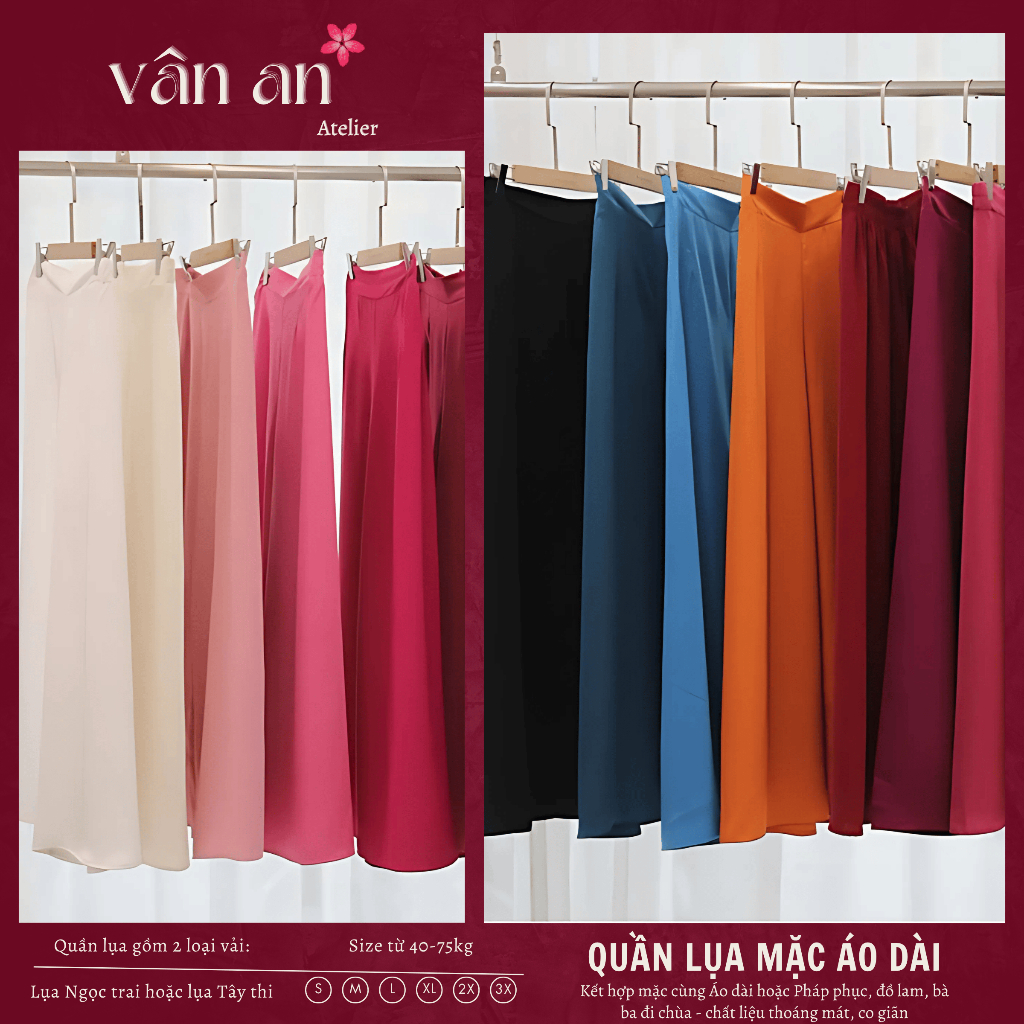 Quần Lụa Mặc Áo Dài, Áo Bà Ba Đủ Màu Sắc - Thiết Kế Khóa Kéo và Cạp Chun, Chất Vải Mềm Mại Thoáng Mát