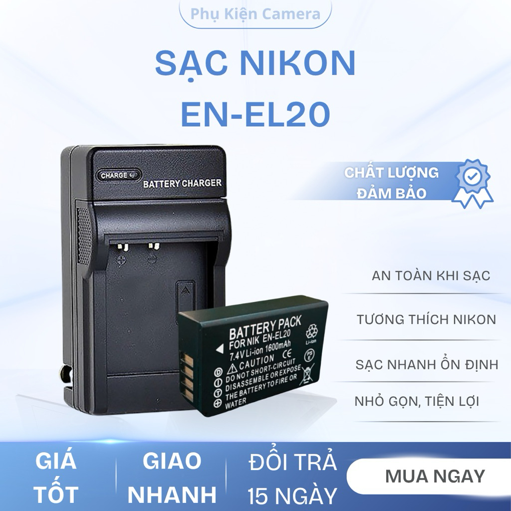 Combo Sạc + Pin Nikon EN-EL20 (1600mAh) - Tương thích hoàn hảo: Nikon 1 Series: J1, J2, J3, S1, V3, 