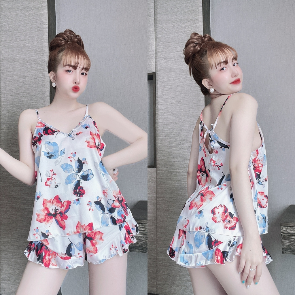 Đồ ngủ 2 dây sexy, lụa satin hoạt tiết hoa, dưới 55 ki - Tiệm Nhà Lin - DN204