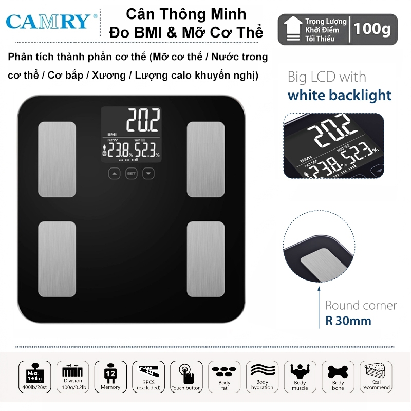 Camry EF881H Cân Điện Tử Sức Khỏe Cao Cấp Cơ Thể Phân Tích BMI - Tải Trọng 180kg
