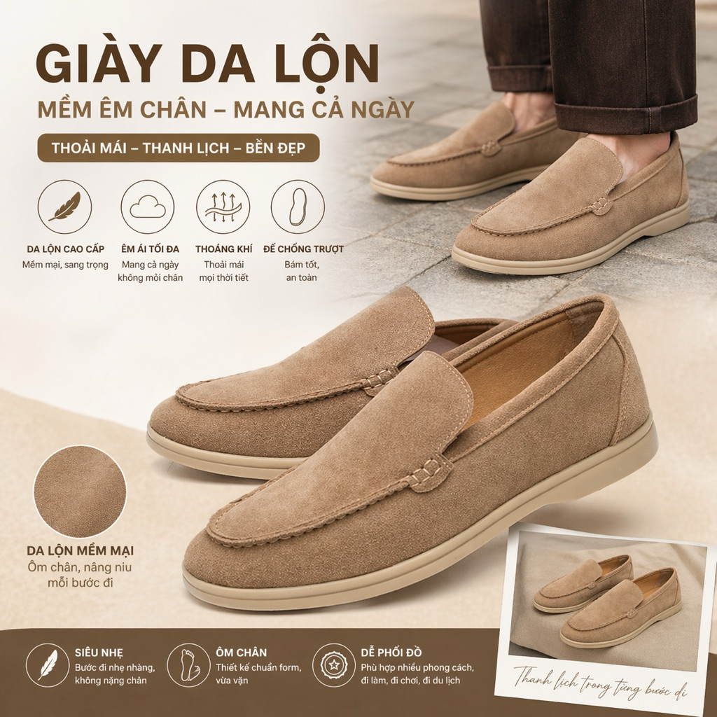 Shallow Slip On Da Lộn Đế Bệt, Giày Lười Nam Đế Bệt Da Thật Nâu Be Dustino