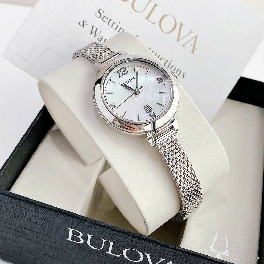 Đồng hồ nữ dây thép Bulova Mother-of-Pearl Quartz Diamond Accent 96P150