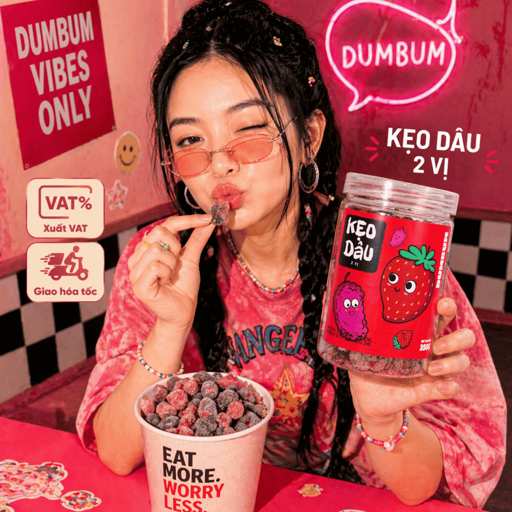 Kẹo dâu mix 2 vị Dum Bum mẫu mới 2026, đồ ăn vặt chất lượng giá rẻ