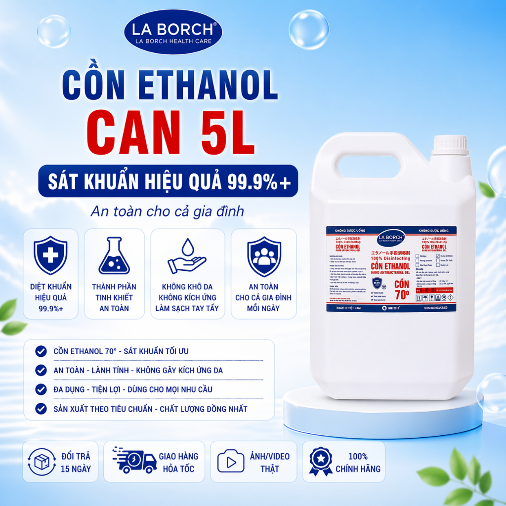 [CAN 5L] Cồn Y tế Sát Khuẩn Ethanol LaBorch Can 5L, Cồn 70 độ,Cồn 90 độ,Cồn 96 Độ