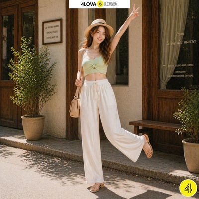 Quần Ống Rộng Dáng Dài 4LOVA Chất Đũi Lưng Cao Chun Tôn Dáng Thoáng Mát