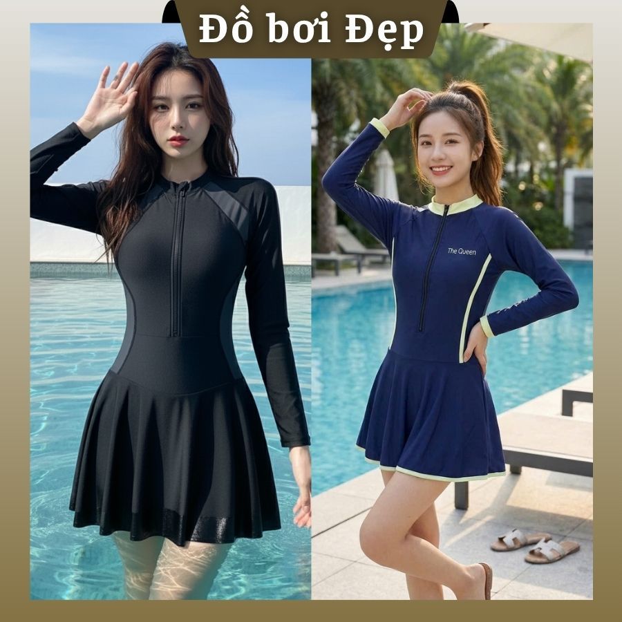 Đồ bơi nữ đi biển bikini liền thân kín đáo váy xòe tay ngắn và tay dài có khóa kéo kiểu dáng thể thao Dolphin 067